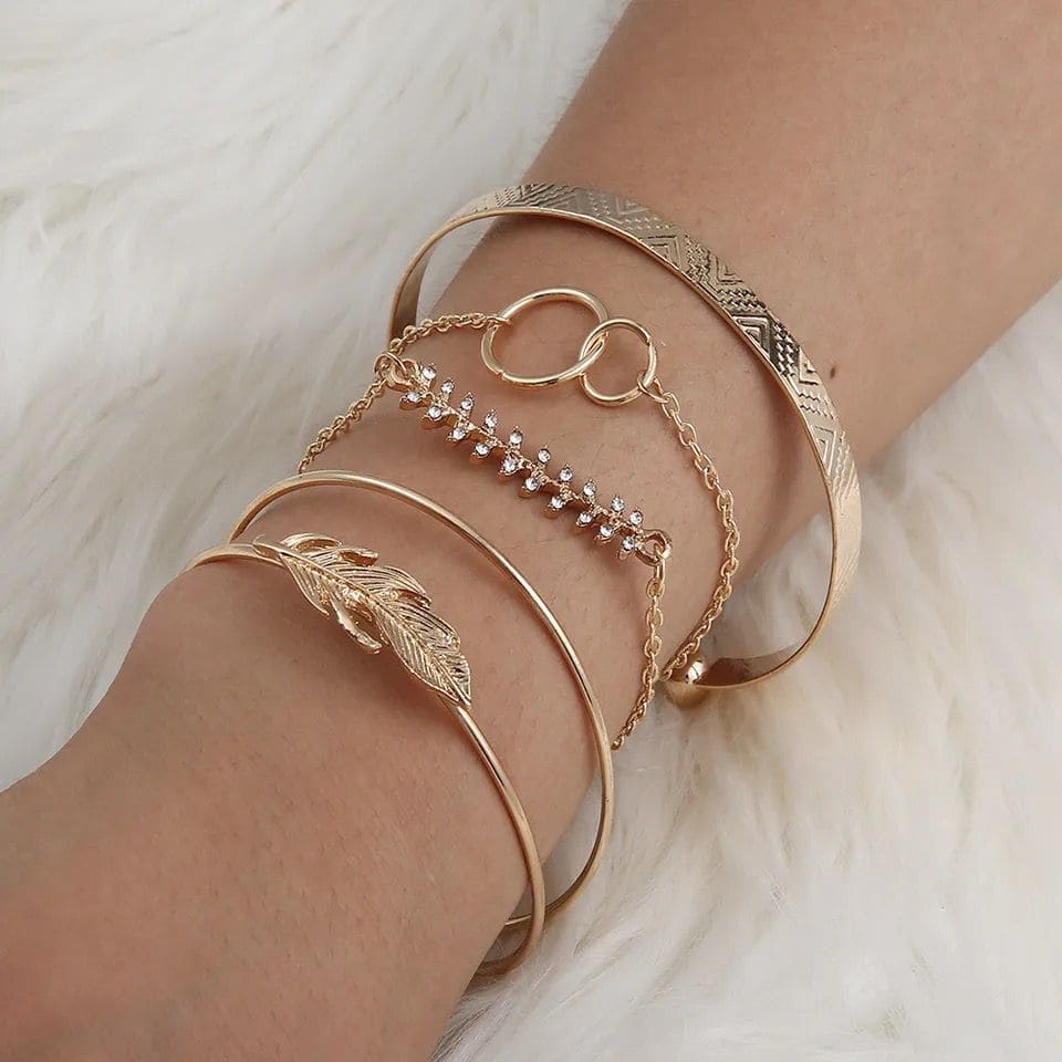 5 Pcs Gold Leaf Bracelet, Twist Chain Bracelet for Women, Multilayer Gold Color Bracelet, Adjustable Open Bracelet 5 Pcs Gold Leaf Bracelet, Twist Chain Bracelet for Women, Multilayer Gold Color Bracelet, Adjustable Open Bracelet